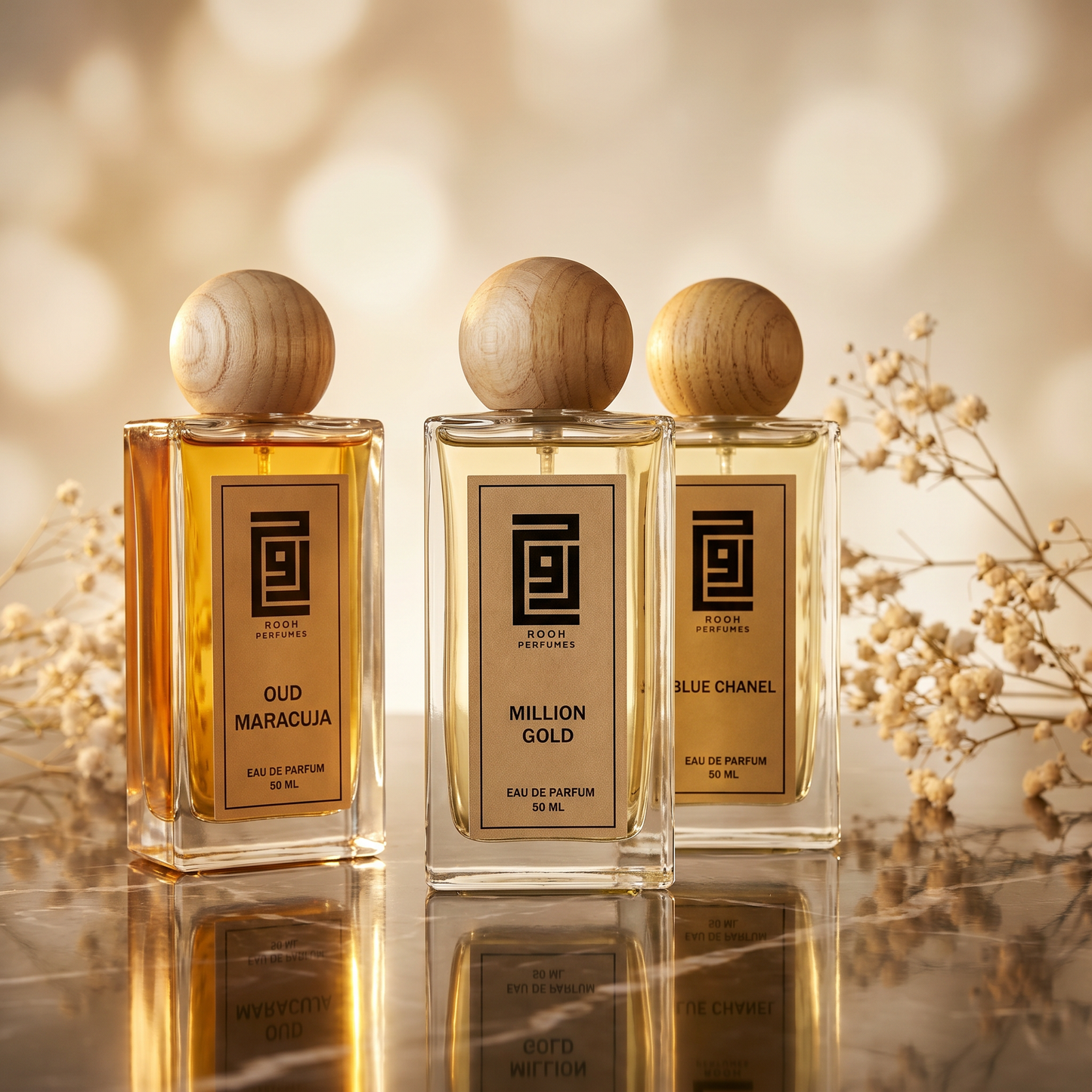 عطور روح — Blue Chanel مع Oud Maracuja و Million Gold، زجاج شفاف بغطاء خشبي كروي